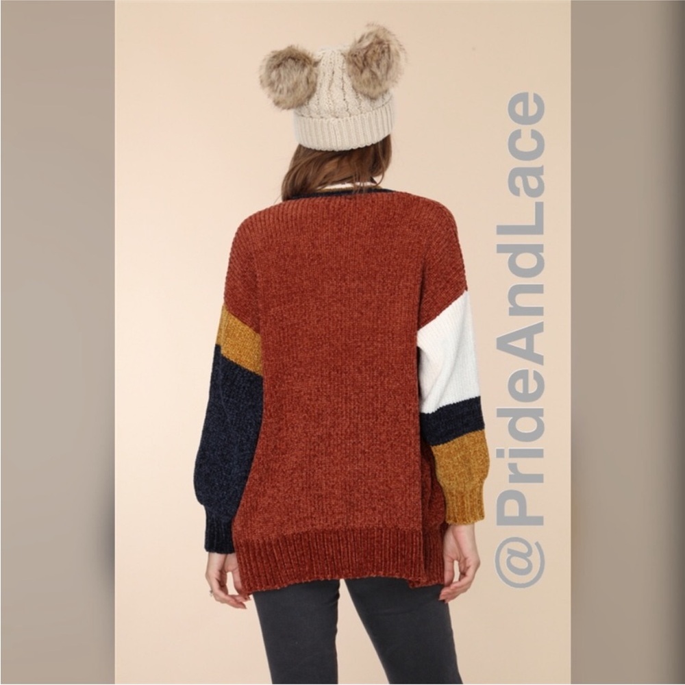 BRICK MULTI STRIPED CHENILLE CABLE KNIT CARDIGAN - Picture 2 of 6